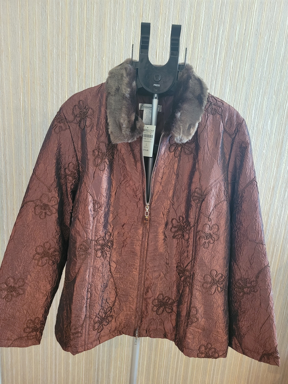 Coldwater Creek Brown Floral-Embossed LinedJacket with Faux Fur Collar NWT Large